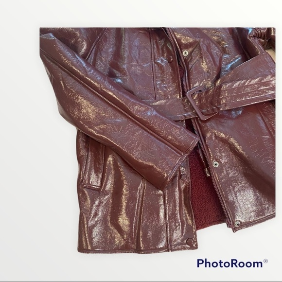 NEW J.O.A. x REVOLVE Red Patent Leather Belted Fleece Lined Jacket, Size XS - Picture 8 of 8